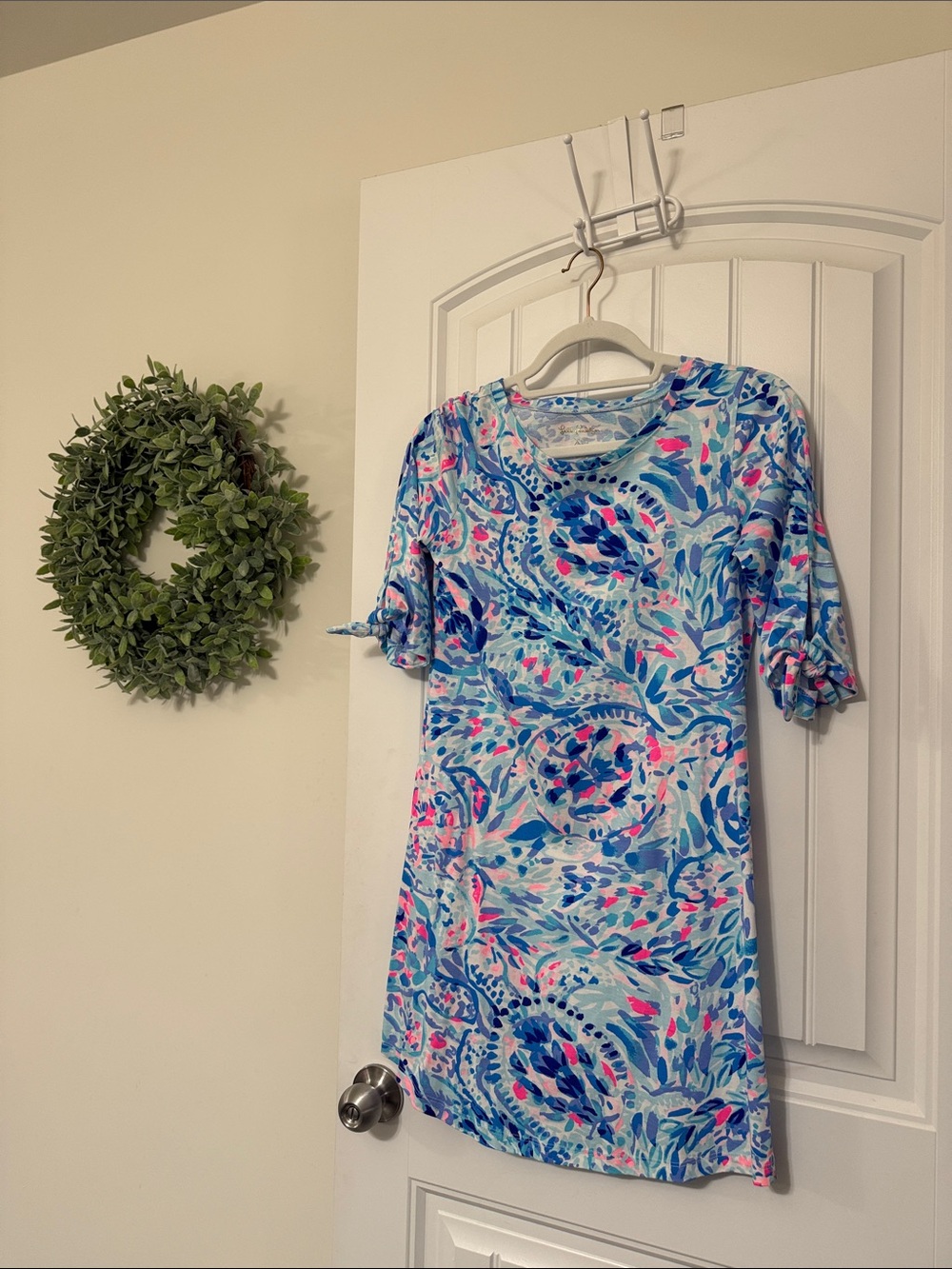 Lilly Pulitzer Light Blue Floral Print Shift Dress with Pink & Navy Accents